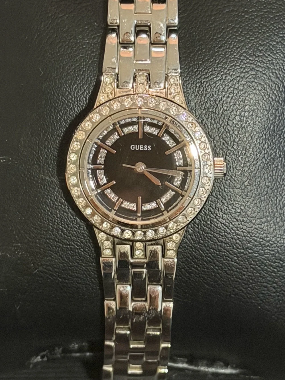 GUESS Silver-Tone Women's Bracelet Watch with Black Dial and Crystal Bezel
